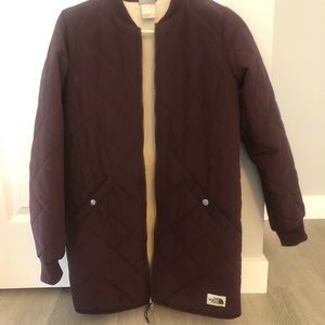 North face ladies long quilted purple jacket size xs